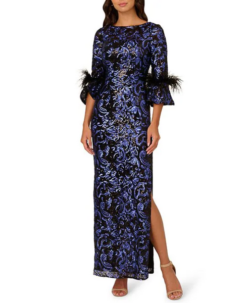 ADRIANNA PAPELL AP1E211563 BLACK/ BLUE SEQUIN LONGSLEEVE GOWN