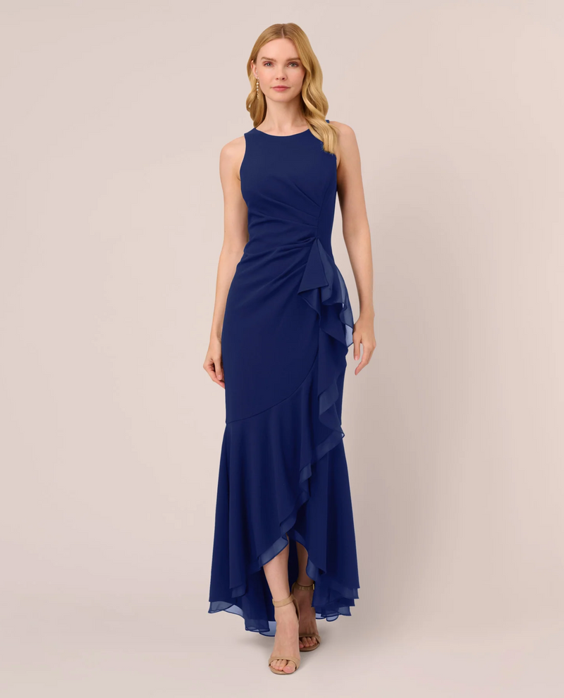 adrianna papell cascade ruffle evening dress Pink Satin Cascade Ruffle Slip Gown