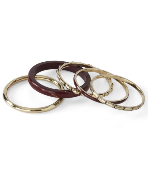 85568A 5PC BURGUNDY/GOLD  BANGLE BRACELETS