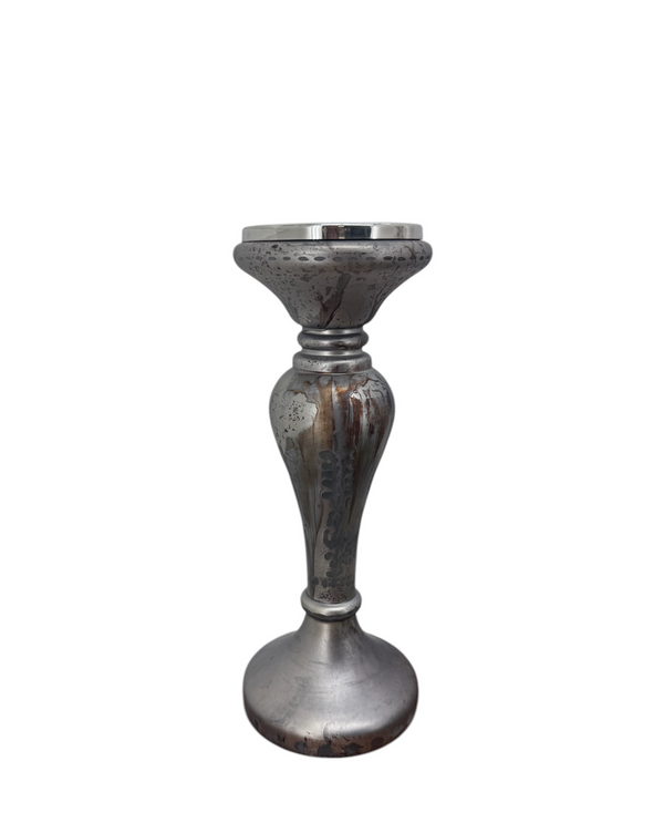 640263 FROSTED GUNMETAL GLASS CANDLESTICK 5X5X13"