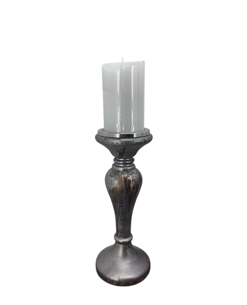 640263 FROSTED GUNMETAL GLASS CANDLESTICK 5X5X13"