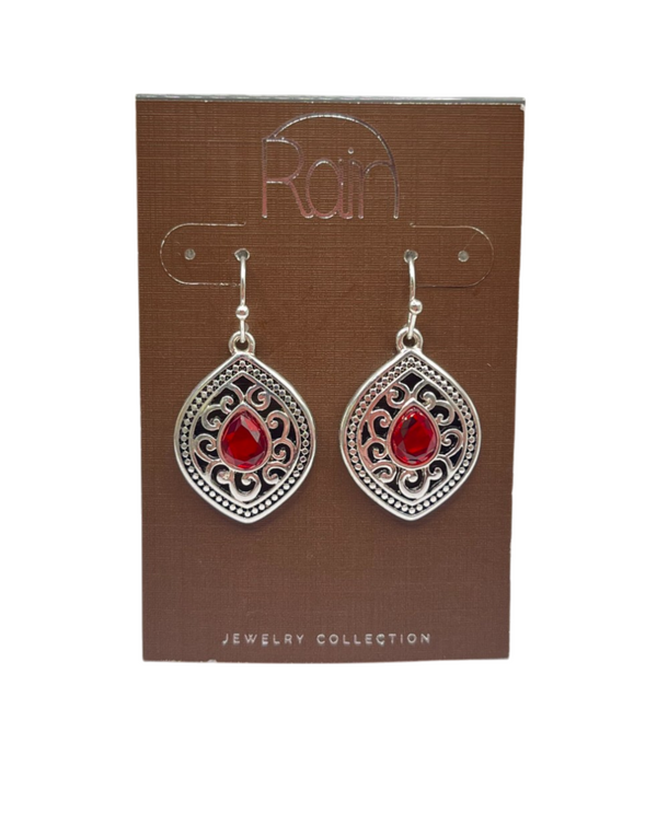 E3835RD FILIGREE ELLIPSE RED GEM EARRING