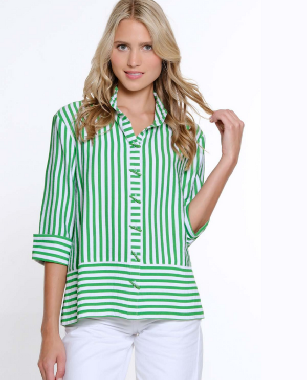 MULTIPLES M15502BP TURN UP CUFF 3/4 SLEEVE SHIRT CLASSIC GREEN STRIPE