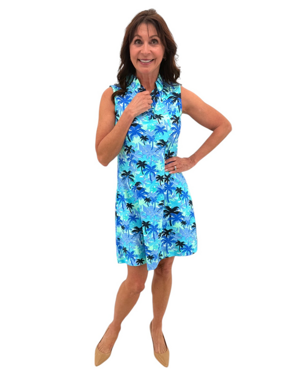 LULU-B SPX4444 RUFFLE V-NECK SLEEVELESS DRESS PALM TREE BLUE