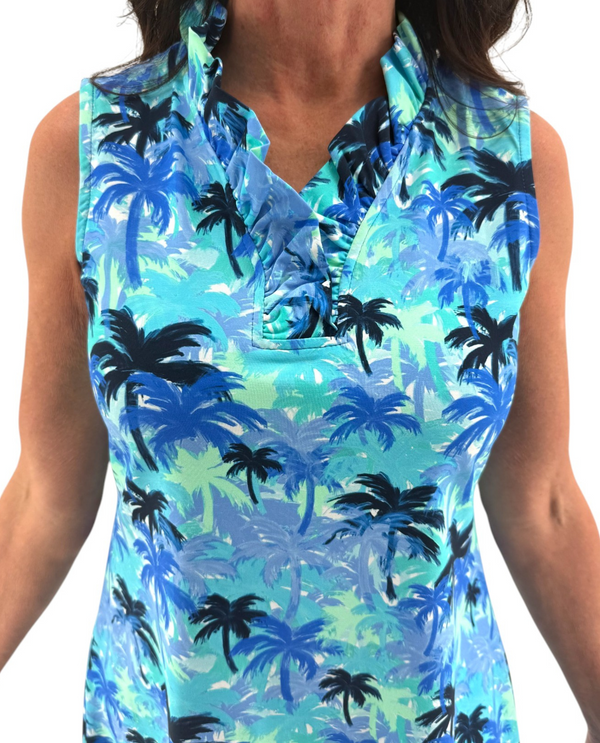 LULU-B SPX4444 RUFFLE V-NECK SLEEVELESS DRESS PALM TREE BLUE