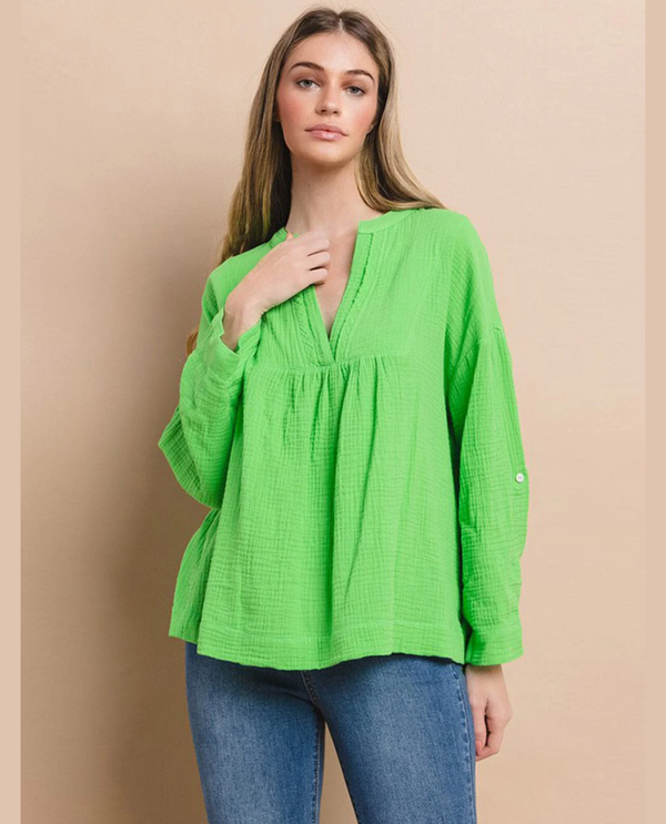 TC12539SA 3/4 SLEEVE COTTON GAUZE V-NECK TOP BRIGHT GREEN