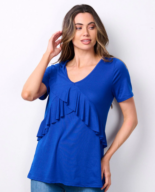 MT2535 RUFFLE V-NECK KNIT TOP ROYAL