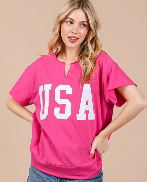 TU13527SB FRENCH TERRY EMBROIDERED USA TOP HOT PINK