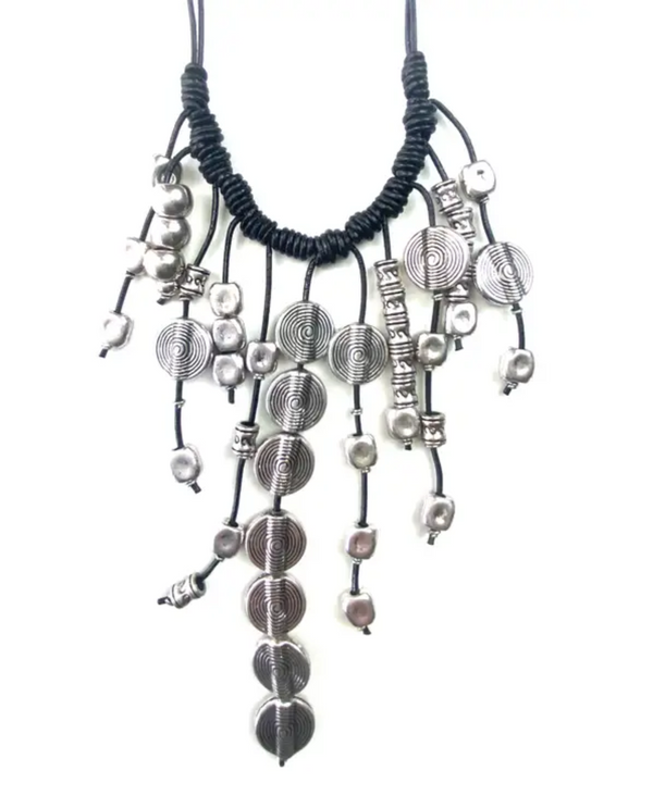 LOST & FOUND NX087 BEADED BIBB ON KNOTTED CORD NECKLACE