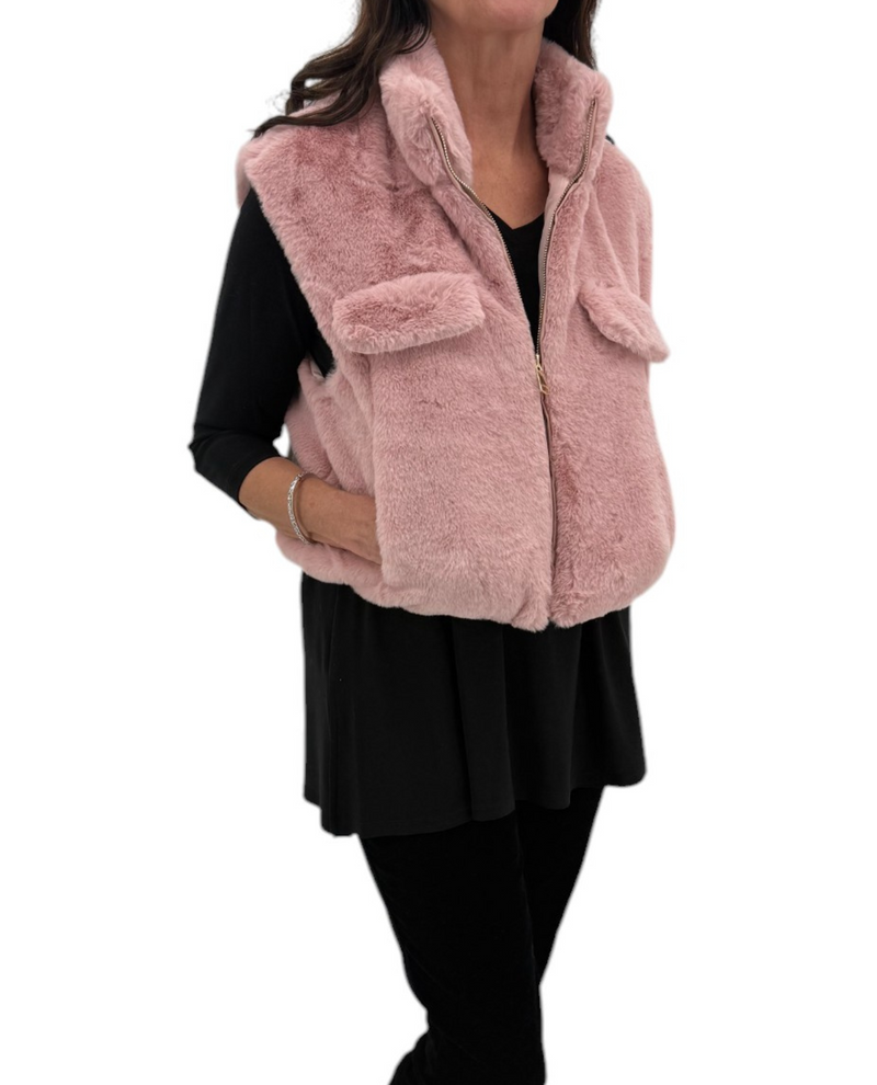 Y-962 ONE SIZE LINED FAUX FUR VEST PINK