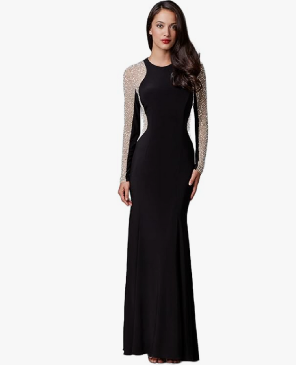 xscape long sleeve beaded dress Xscape Women's Long Sleeve Crystal Bead Dress in Black Nude