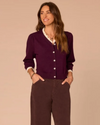 DEMOCRACY B605QHSW V-NECK BUTTON UP CARDIGAN WITH SCALLOP EDGE DARK RAISIN 
