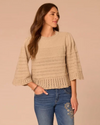 DEMOCRACY B620JHSWR 3/4 BELL SLV SCALLOP EDGE STITCH MIX SWEATER LIGHT KHAKI