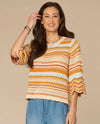DEMOCRACY B6473DFSW CROCHET STITCH STRIPE SWEATER HONEY
