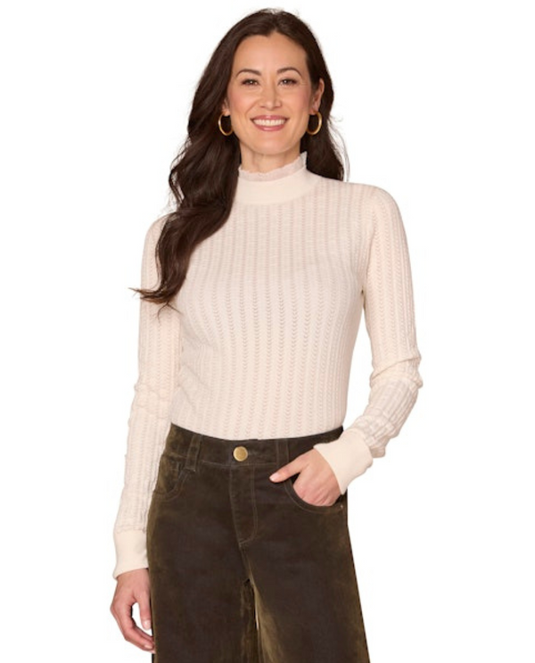 DEMOCRACY B6952HASW RUFFLE EDGE POINTELLE SWEATER OFF WHITE