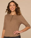DEMOCRACY B7826LU3E ELBOW CUFF CROCHET HENLEY TOP oyster mushroom