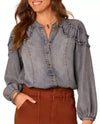 DEMOCRACY B93110JTJ LONG SLEEVE STAND COLLAR LYOCELL TOP WITH RUFFLE DETAIL light denim