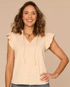 DEMOCRACY B9610A63E RUFFLE TOP WITH NOTCH NECK & TIE macadamia