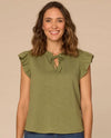 DEMOCRACY B9610A63E RUFFLE TOP WITH NOTCH NECK & TIE olive