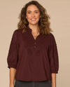 DEMOCRACY B97428C3E 3/4 BLOUSON SLEEVE RUFFLE EDGE BLOUSE cherry chocolate