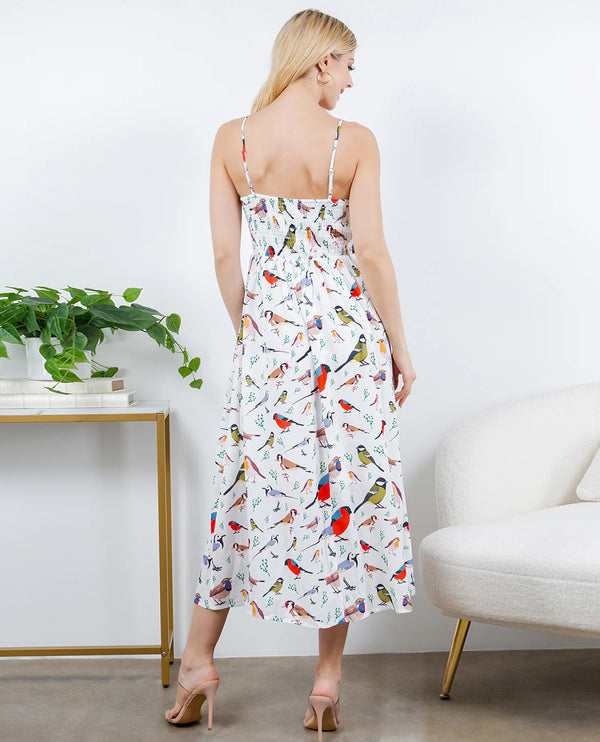DR-2462 COLORFUL BIRD MAXI DRESS WITH POCKETS WHITE MULTI