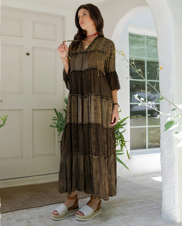 YOUNG THREADS DR44668 LONG TIERED DRESS AMBER