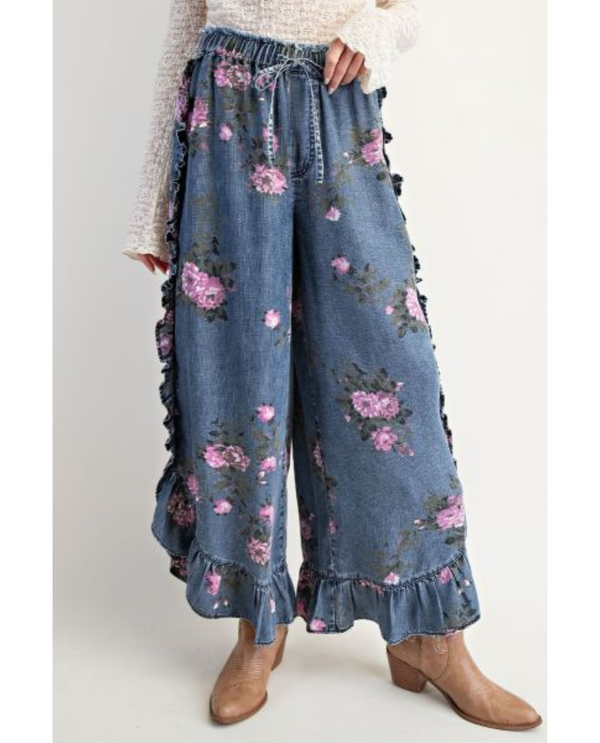 EASEL EB57056 RUFFLE HEM PRINTED PANTS