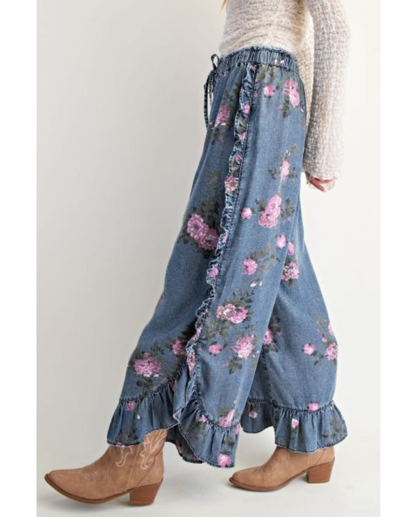 EASEL EB57056 RUFFLE HEM PRINTED PANTS SIDE
