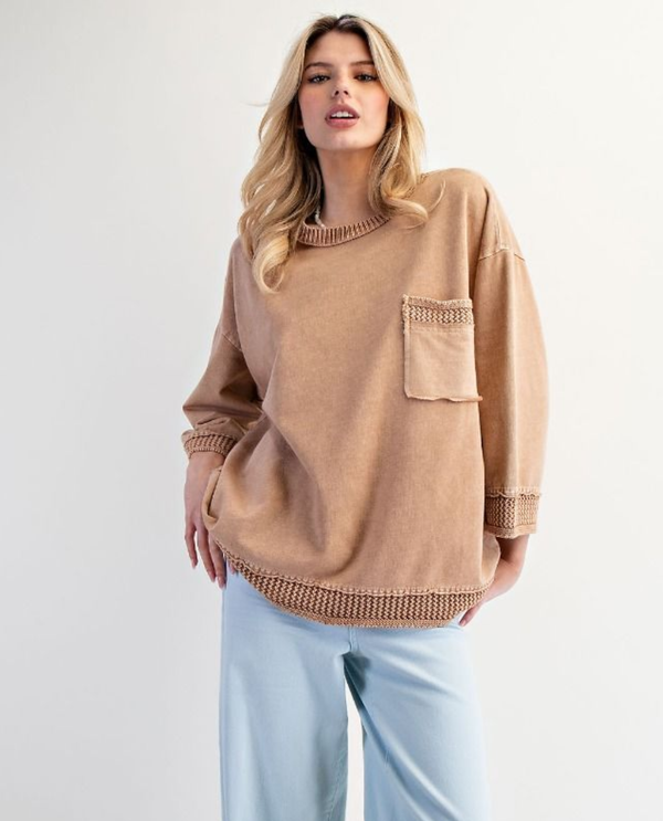 EASEL ET18893 CROCHET POCKET CONTRAST SWEATSHIRT mocha