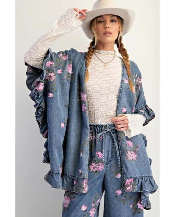 EASEL ET28572 RUFFLE HEM PRINTED CARDIGAN