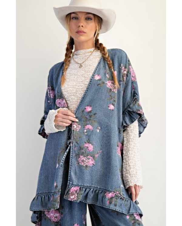 EASEL ET28572 RUFFLE HEM PRINTED CARDIGAN FRONT