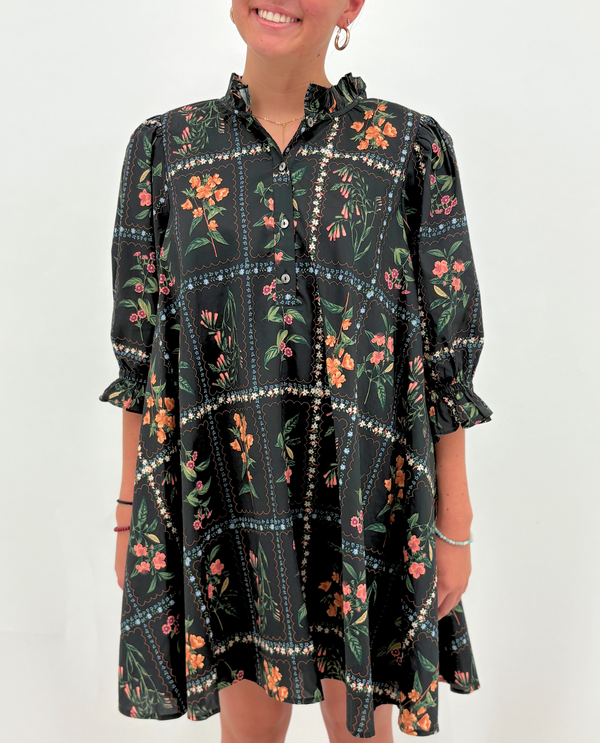 ENTRO D27056 FLORAL BTTN DOWN DRESS BLACK