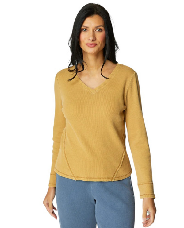 ESCAPE 26537 WAFFLE KNIT V NECK TOP HONEY FRONT