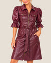 FATE FD35798 SHORT PUFF SLEEVE FAUX LEATHER DRESS PLUM