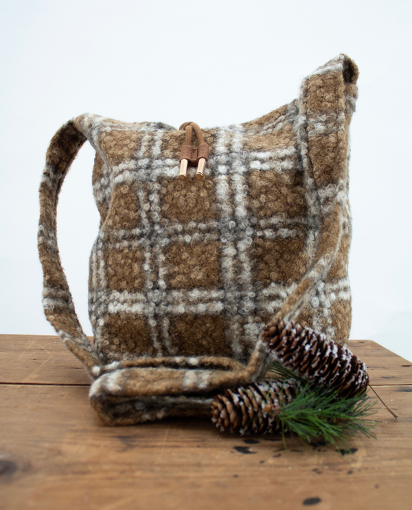 FAUX PERSIAN LAMB BUCKET BAG CARAMEL PLAID