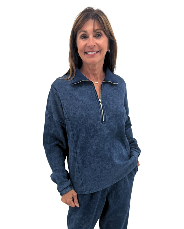 FOCUS MINERAL WASH ZIP MOCK TH-JT-403 NAVY