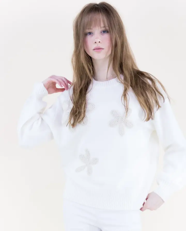 FP62126 CROCHET FLOWERS CREWNECK SWEATER