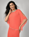 FRANK LYMAN 219203 OVERLAY RHINESTONE TRIM SHORT DRESS FIESTA CORAL