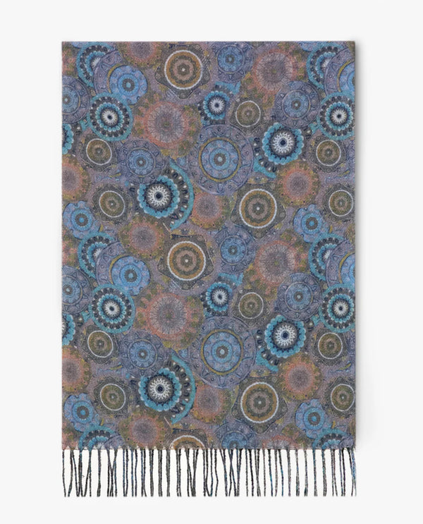 FS40386 ORNATE CIRCLE SCARF WITH FRINGE OLIVE/TEAL