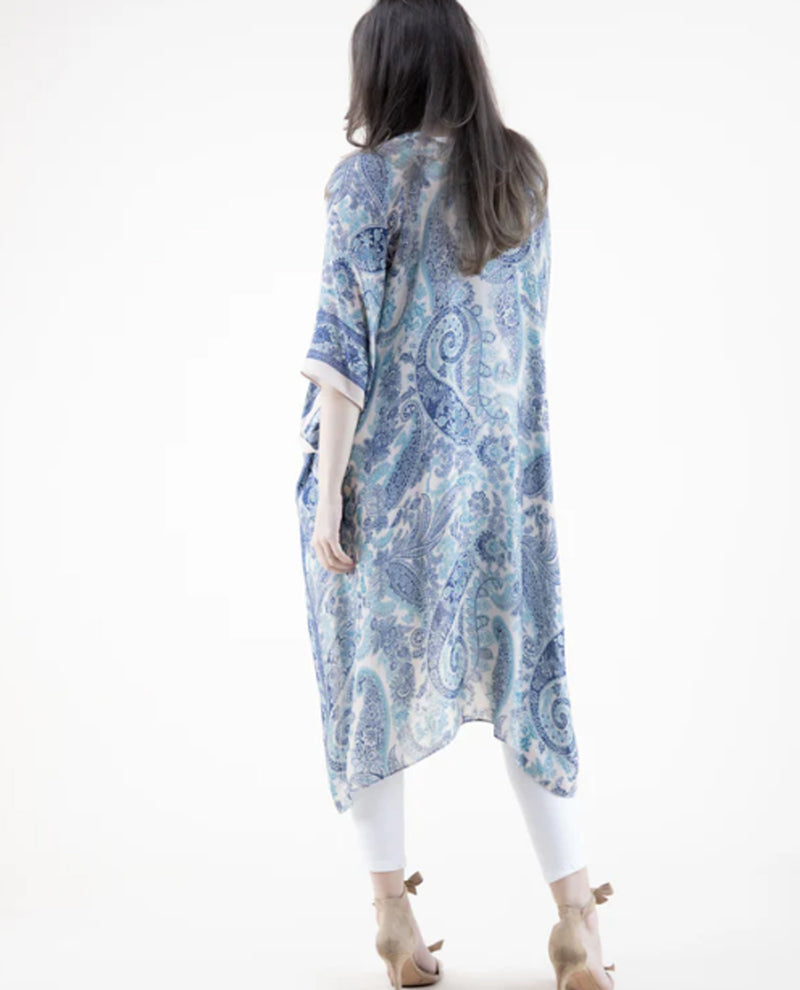 FT84173 PAISLEY PRINT WITH TASSEL TRIM KIMONO AQUA