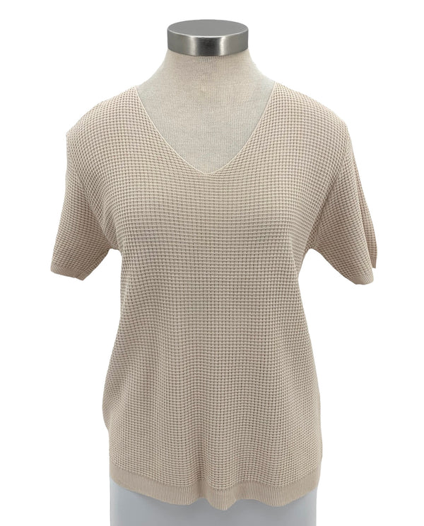 V-NECK FT850009 SHORT SLEEVE WAFFLE STITCH KNIT TOP BEIGE