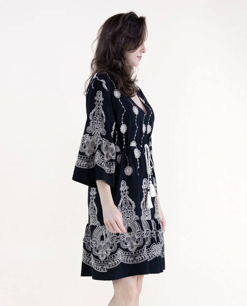 FT85059 BOHO FLORAL EMBROIDERED DROP WAIST MINI DRESS BLACK
