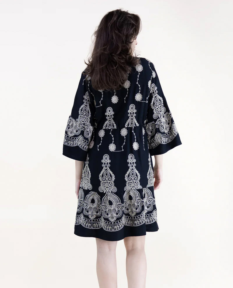 FT85059 BOHO FLORAL EMBROIDERED DROP WAIST MINI DRESS BLACK