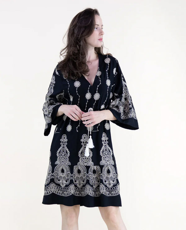 FT85059 BOHO FLORAL EMBROIDERED DROP WAIST MINI DRESS BLACK