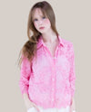 FT85741 FLORAL EMBROIDERED LACE-HEM MINERAL WASH TOP FUCHSIA