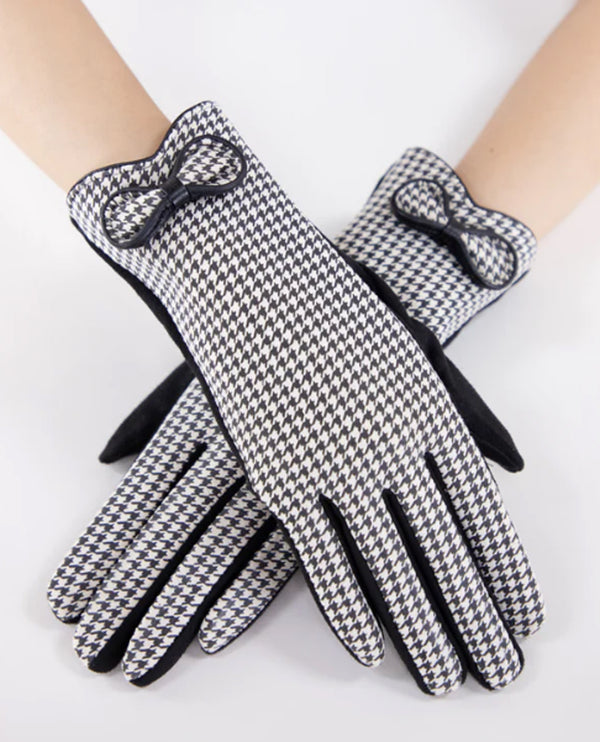 GL12339 HOUNDSTOOTH FAUX SUEDE GLOVE WITH BOW BLACK