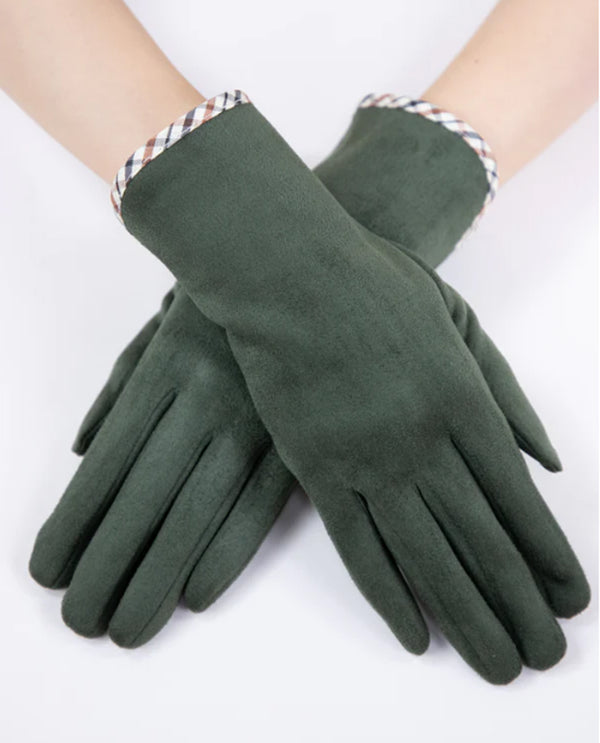 GL12341 FAUX SUEDE GLOVES WITH PLAID EDGING OLIVE 