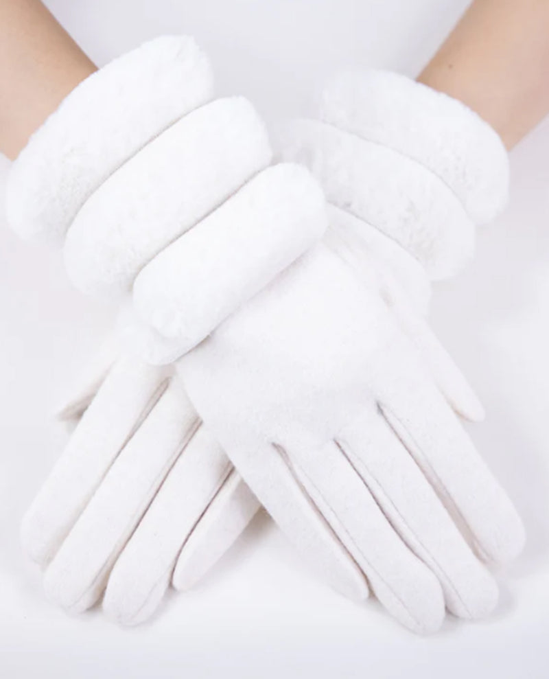 GL12344 WOOL FELTED GLOVE WITH SECTIONAL FUR CUFF WHITE