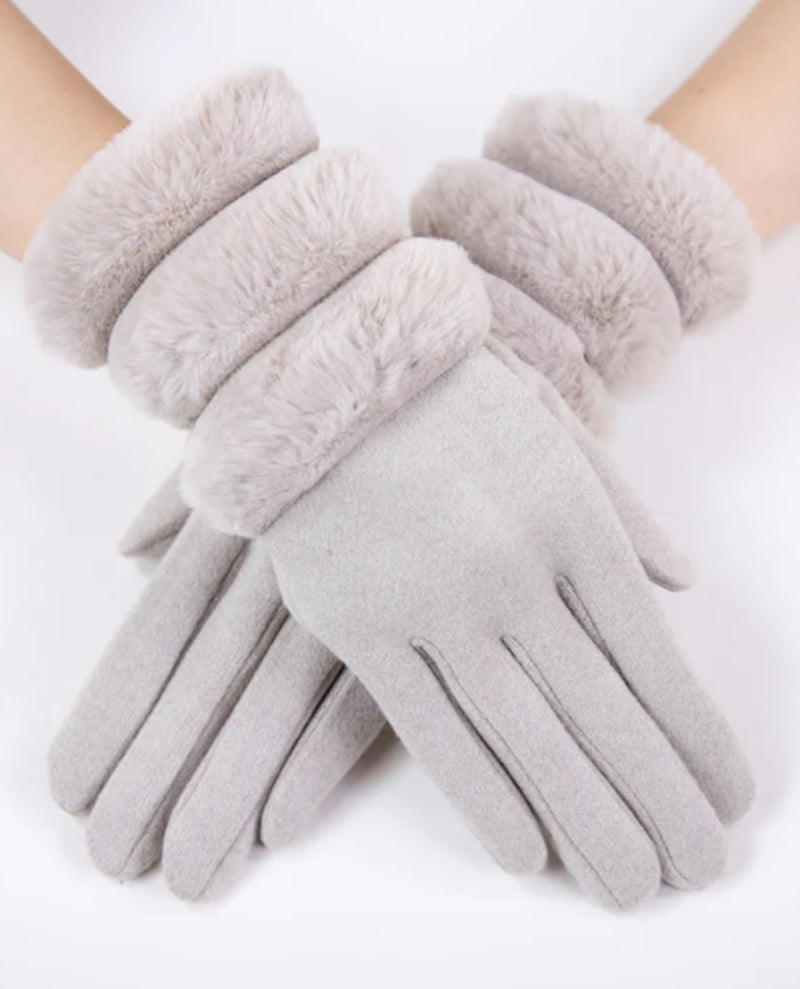 GL12344 WOOL FELTED GLOVE WITH SECTIONAL FUR CUFF KHAKI