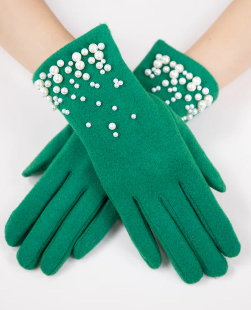 GL12346 WOOL FELTED GLOVE WITH PEARLS GREEN